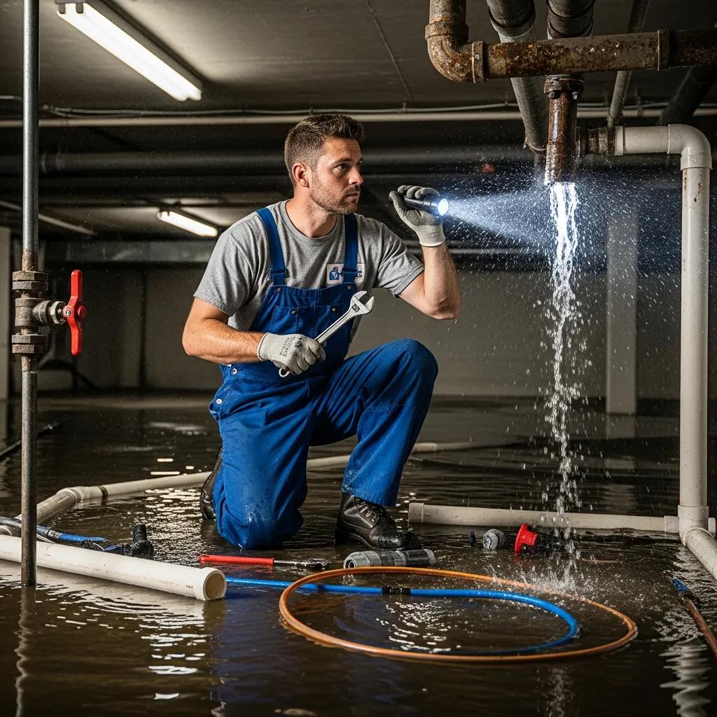 Plumbing technician evaluating a burst pipe during a commercial emergency in Dearborn