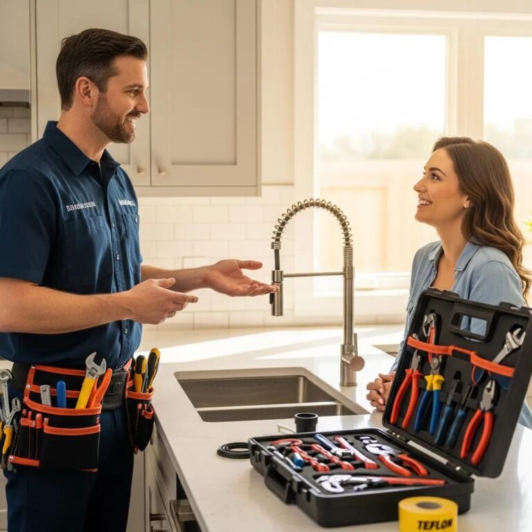 Professional plumber assisting a homeowner in a well-maintained kitchen, showcasing residential plumbing services