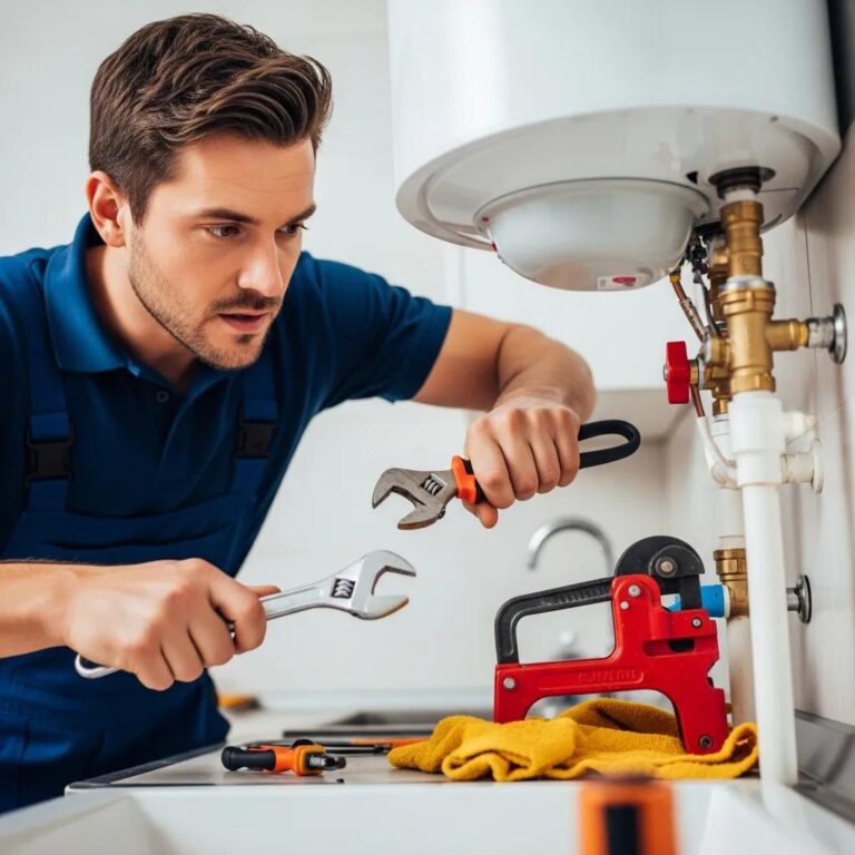 Professional plumber fixing a plumbing issue in a residential kitchen, emphasizing emergency plumbing services