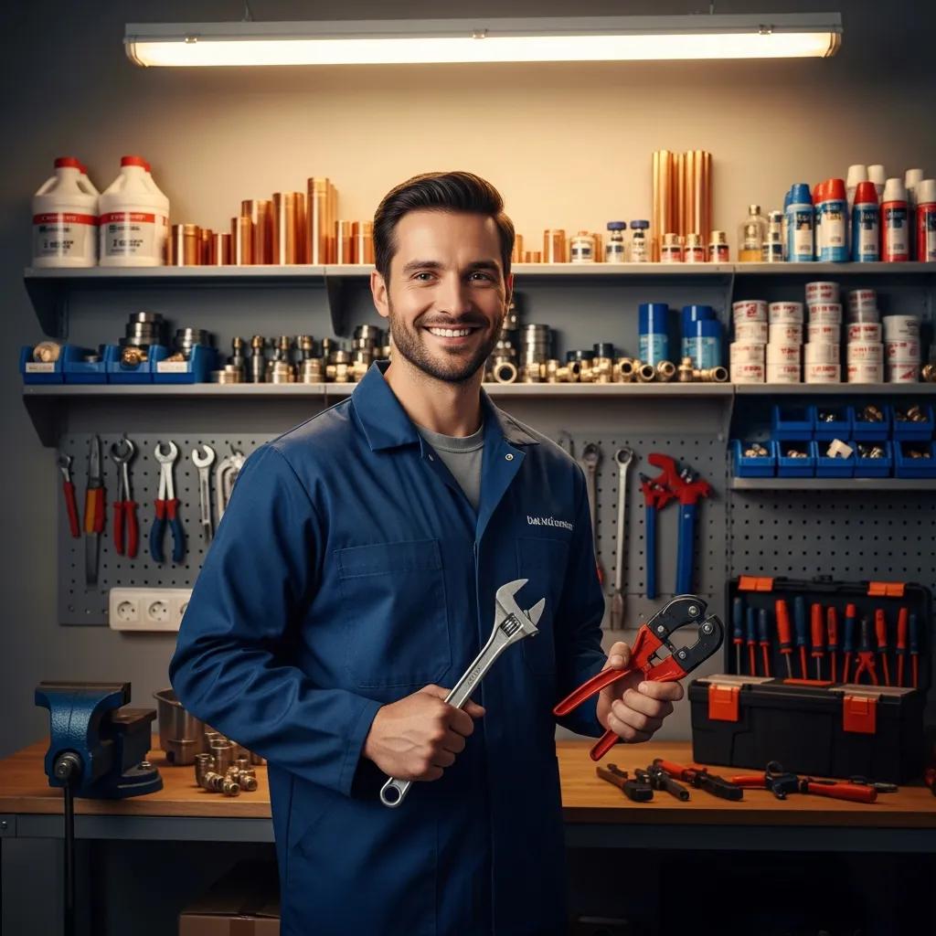 Professional plumber in a clean workspace with tools, representing reliability and expertise in plumbing services