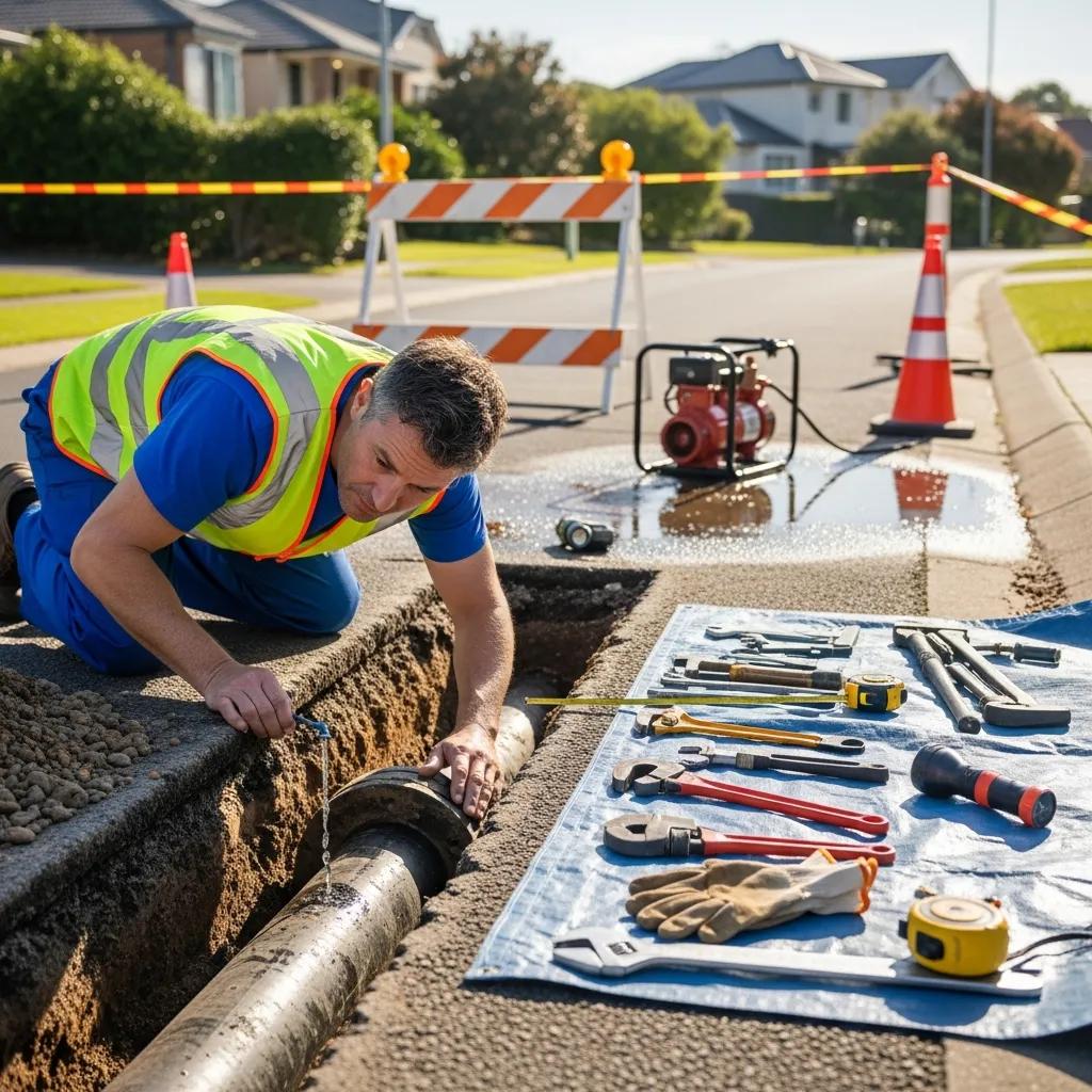 Professional plumber inspecting a water main with tools in a residential area