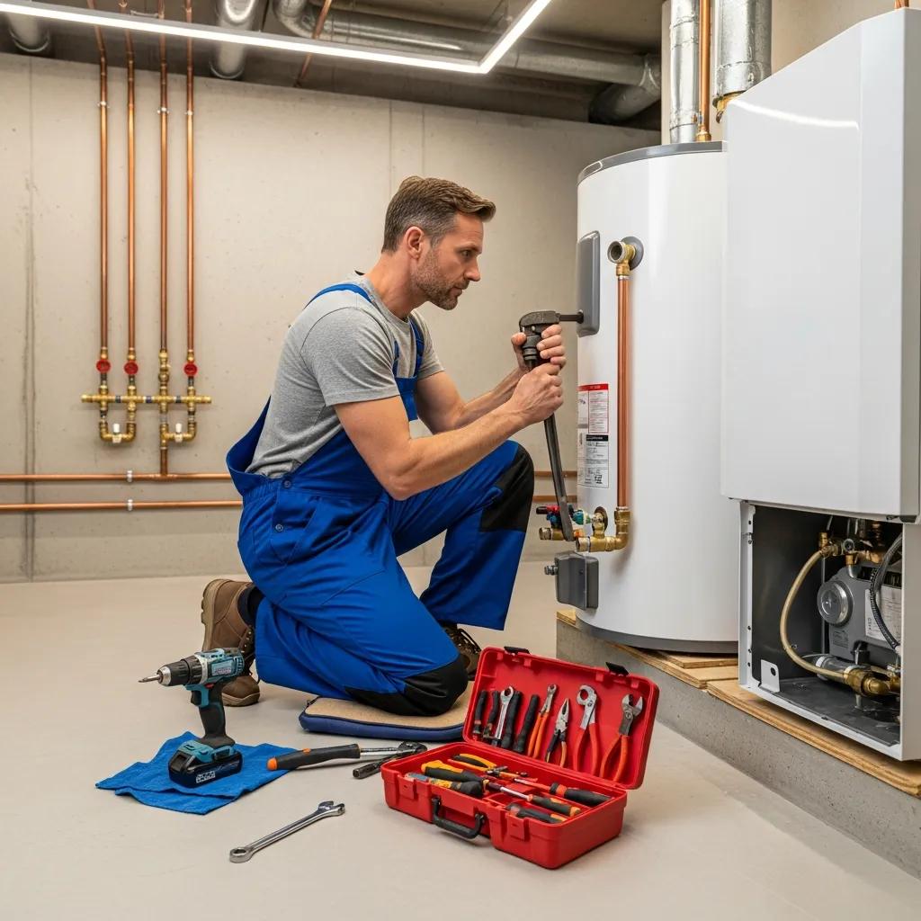 Professional plumber installing a new water heater in a residential basement