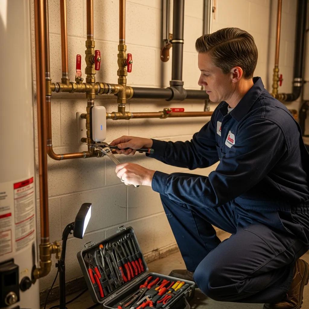 Licensed plumber fitting a smart leak detection system to a home's pipes