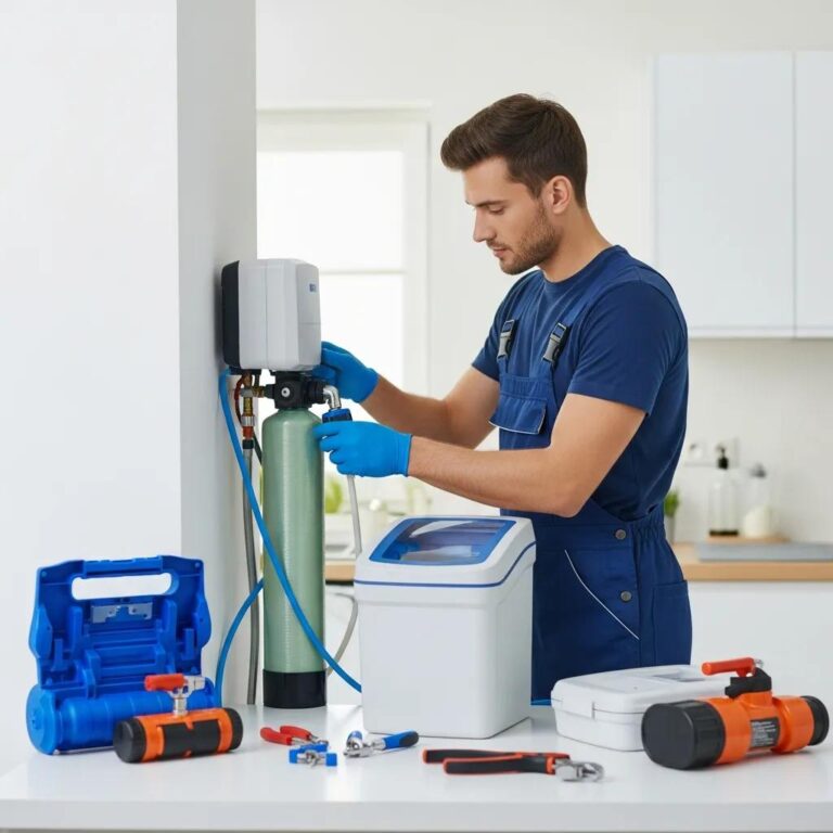 Professional plumber installing a water softener system in a modern home, highlighting the importance of water quality