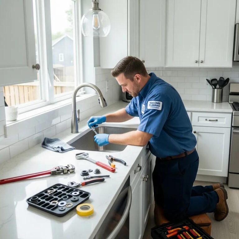 Professional plumber repairing a leaky kitchen faucet in Macomb Township, showcasing expertise and service quality