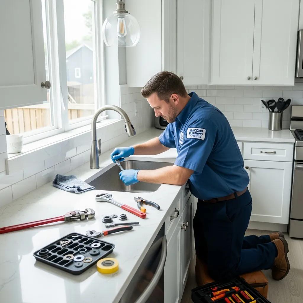 Professional plumber repairing a leaky kitchen faucet in Macomb Township, showcasing expertise and service quality
