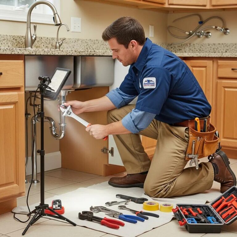 Professional plumber repairing a sink in a residential setting, emphasizing reliability and expertise