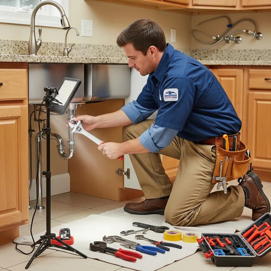 Professional plumber repairing a sink in a residential setting, emphasizing reliability and expertise
