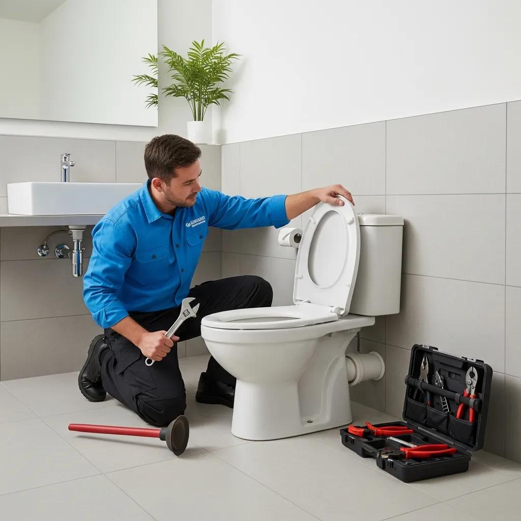 Professional plumber repairing a toilet in a modern bathroom, emphasizing expert toilet repair services