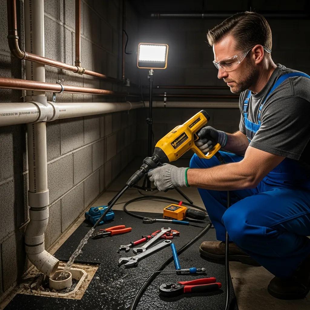 Professional plumber using hydro jetting equipment to clear a clogged drain