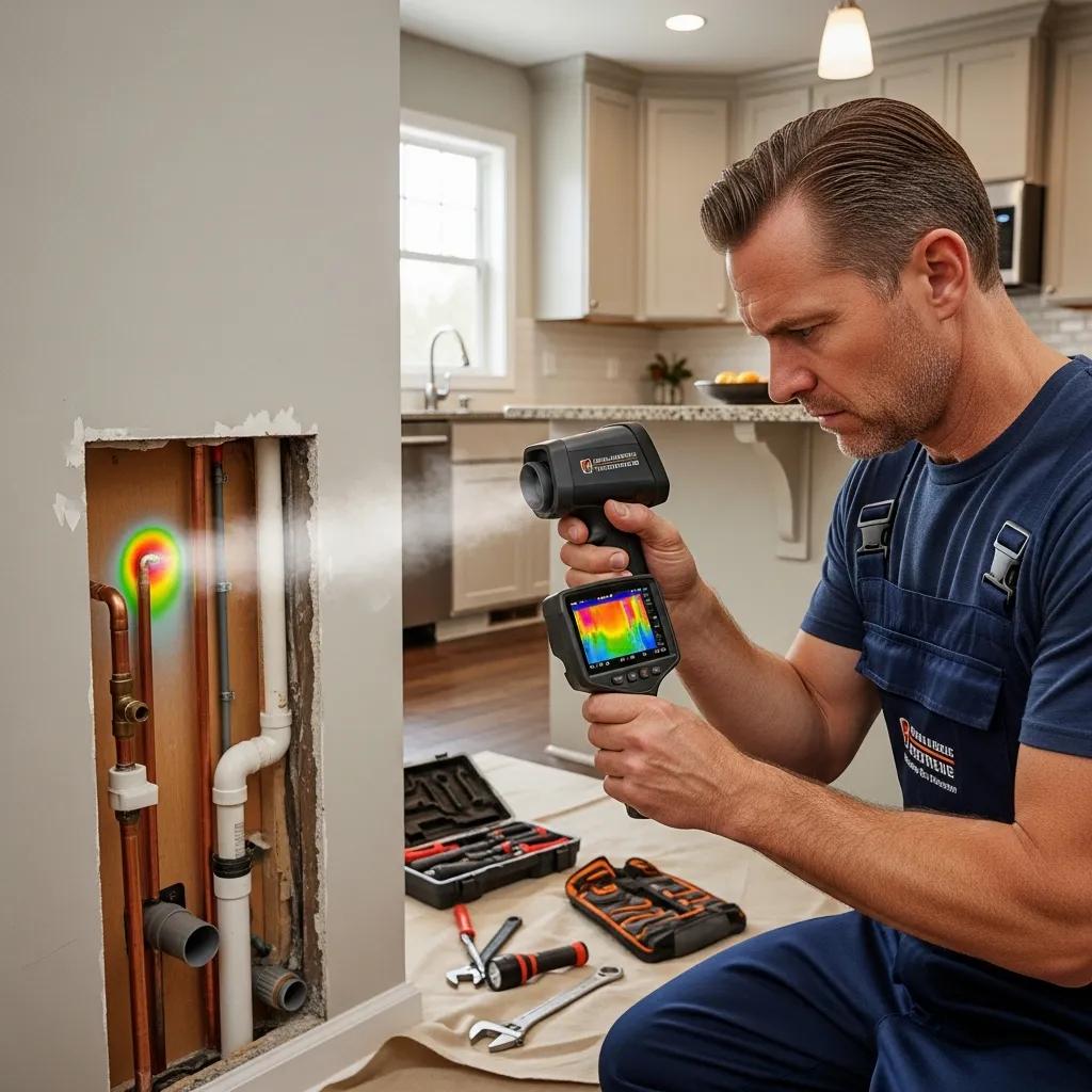 Professional plumber using thermal imaging for leak detection in a home