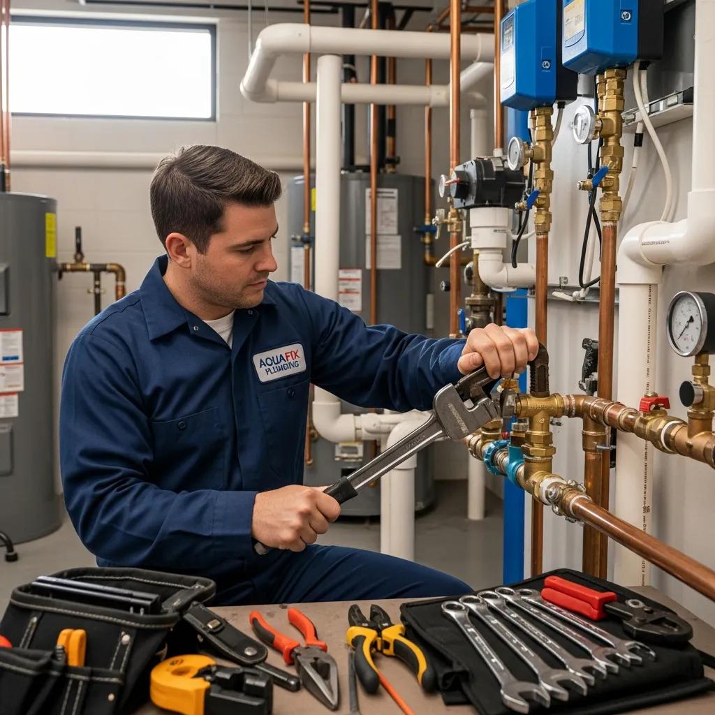 Professional plumber working on commercial plumbing systems in Dearborn, MI