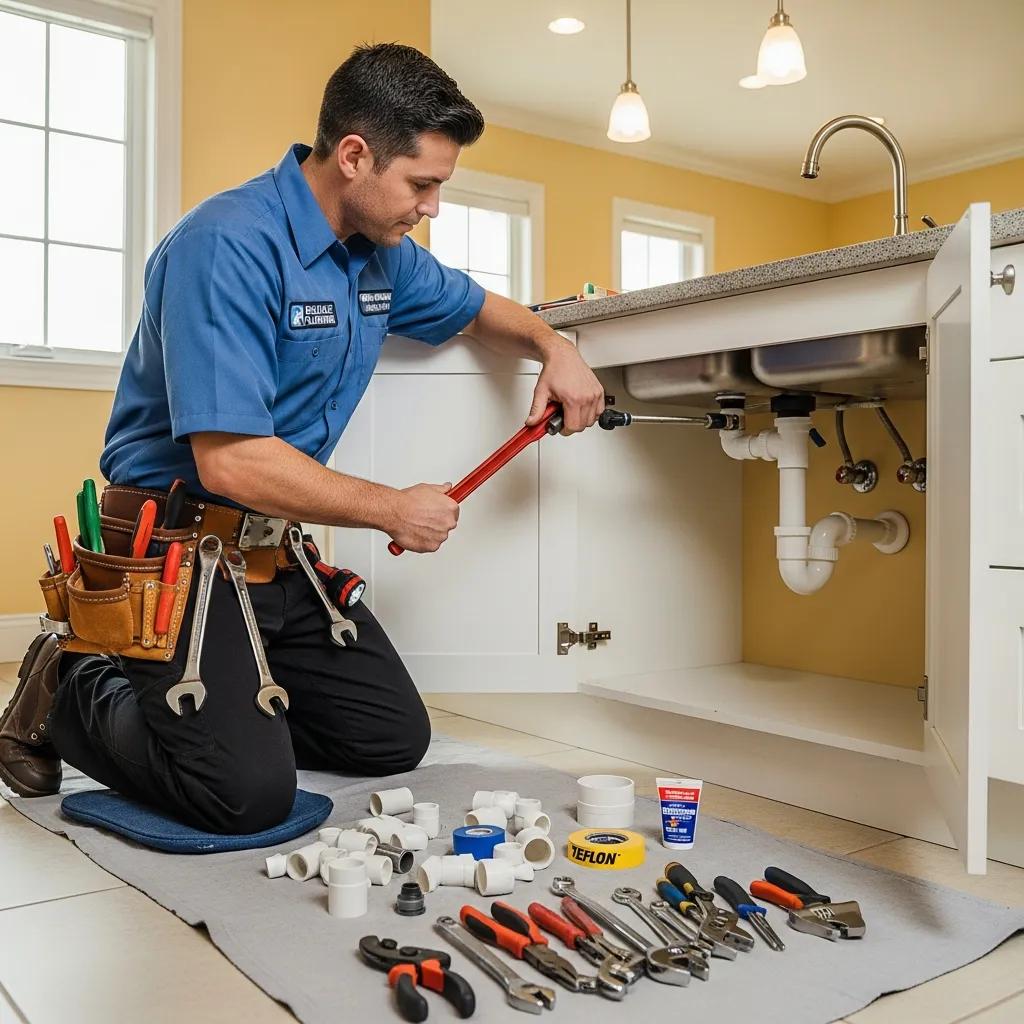 Professional plumber working on residential plumbing in a kitchen