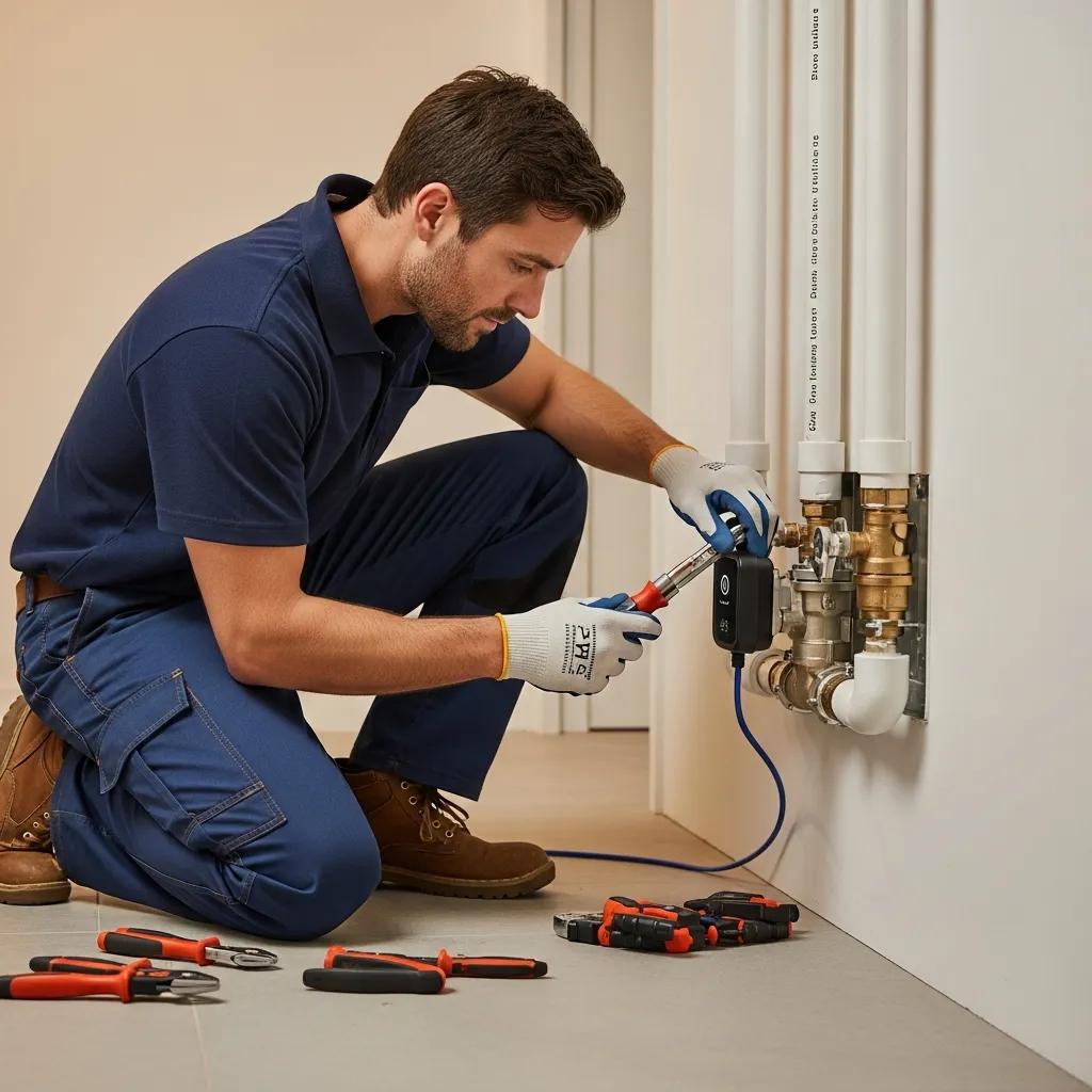 Professional technician installing a smart water shut-off valve in a residential utility room, using tools and equipment for precise installation, surrounded by plumbing tools.