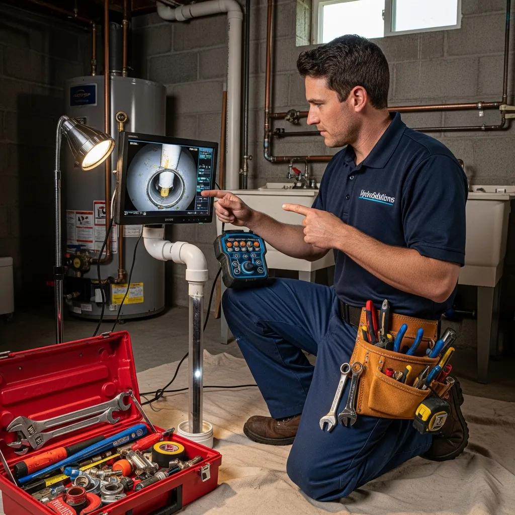 Experienced plumber using diagnostic tools to inspect home plumbing