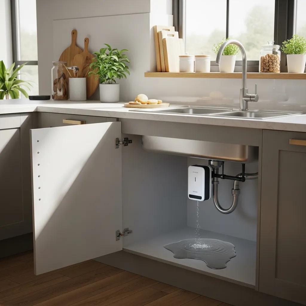 Smart leak detector installed under a kitchen sink in a modern home