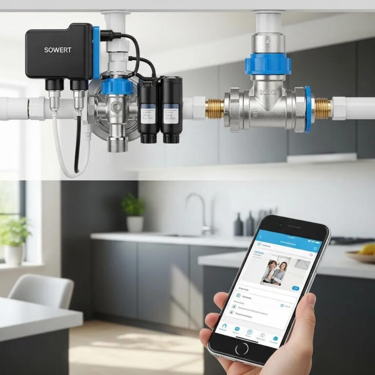 Smart water shut-off valve installation in a modern kitchen with flow sensors and mobile app interface
