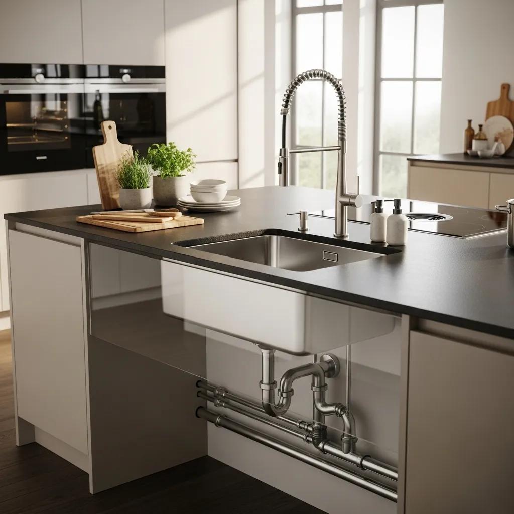 Stylish island sink in a modern kitchen highlighting plumbing challenges