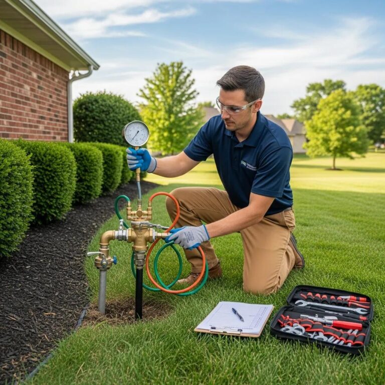 Technician conducting backflow prevention testing in a residential setting, showcasing safety and compliance