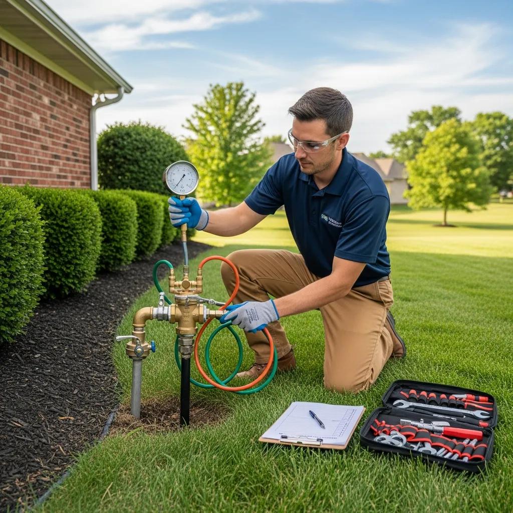 Technician conducting backflow prevention testing in a residential setting, showcasing safety and compliance