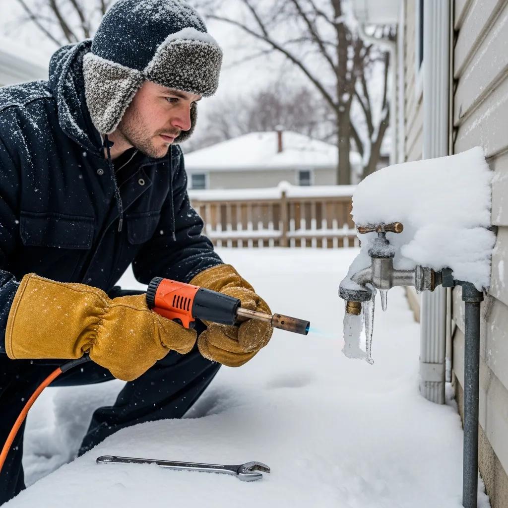 Technician using a heat gun to thaw a frozen outdoor faucet in winter, emphasizing seasonal maintenance and repair solutions for spigots.