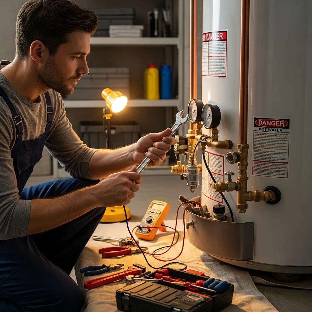Technician inspecting a water heater to diagnose repair or replacement needs