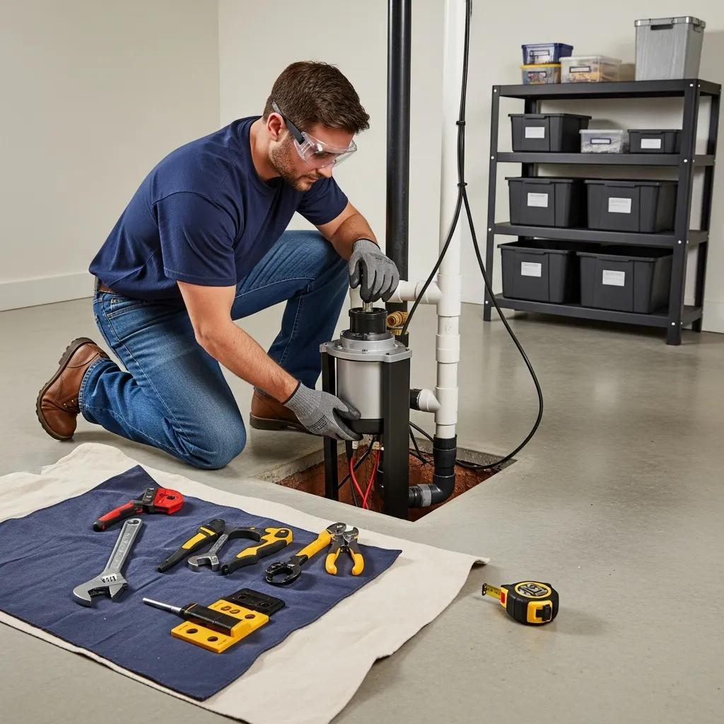 Technician installing a sump pump in a residential basement for flood prevention