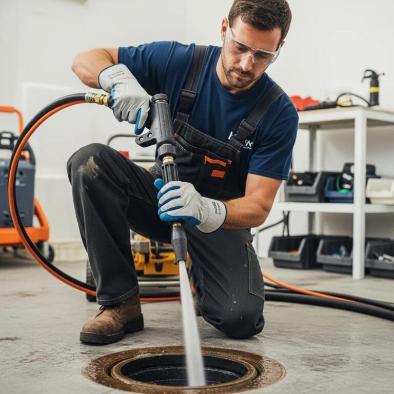 Technician performing hydro jetting on a sewer line, showcasing high-pressure water cleaning