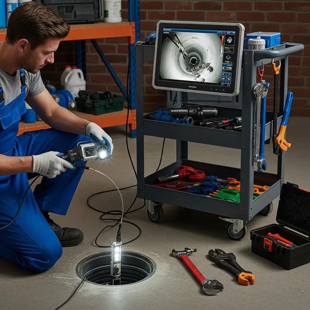 Technician performing a sewer camera inspection to locate blockages and pipe damage