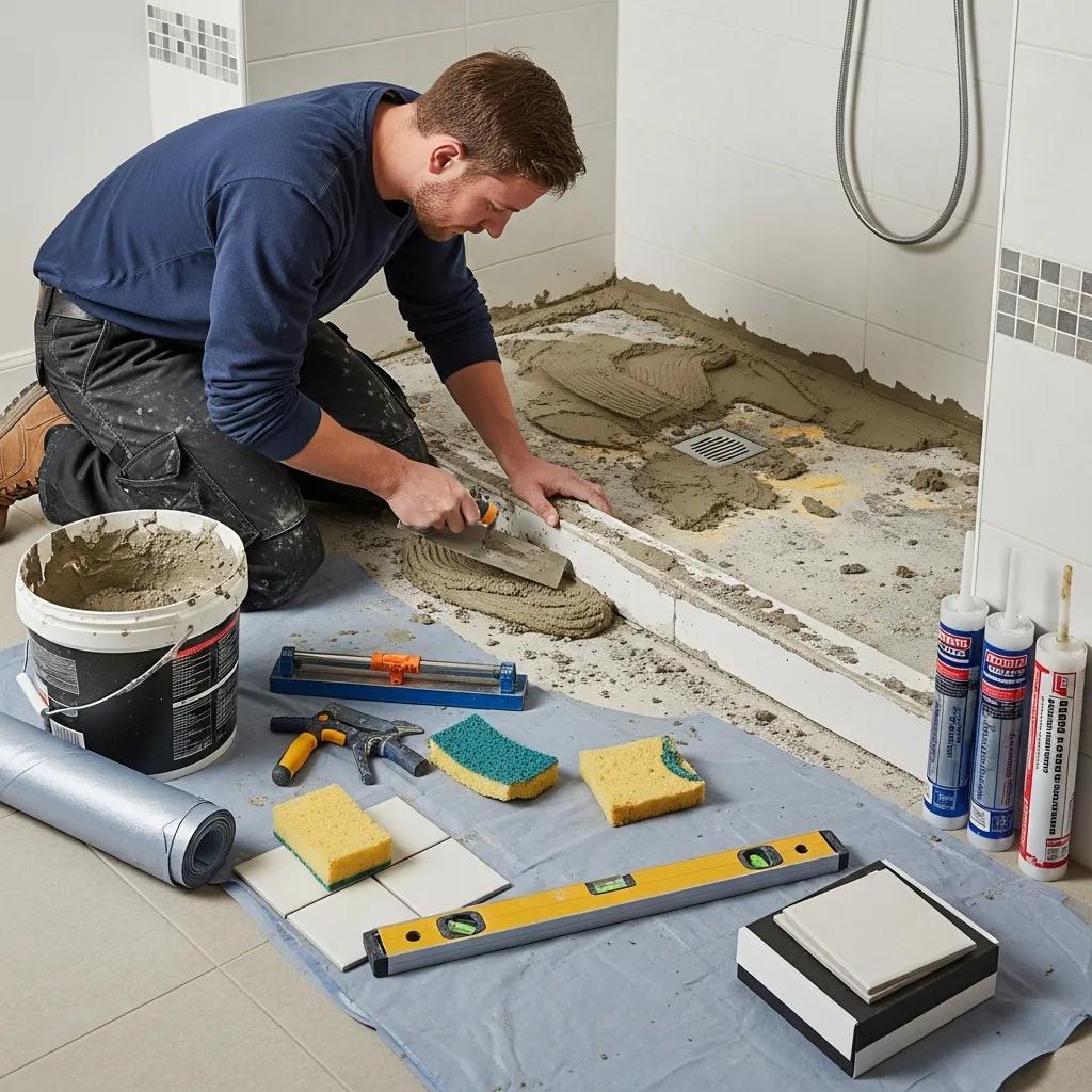 Technician repairing a shower pan with tools laid out and workspace organized