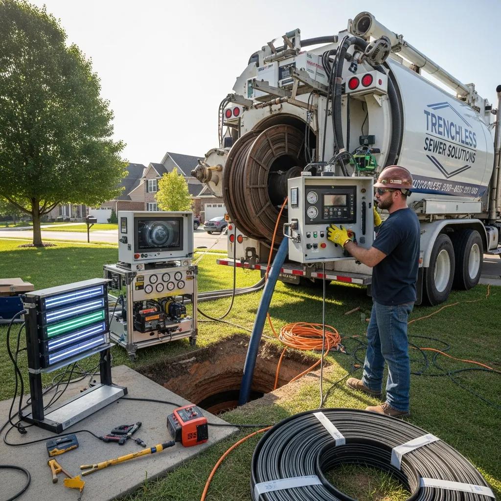 Technician operating specialized trenchless sewer repair equipment near a service truck, with a camera monitor and tools on site, in a suburban area.
