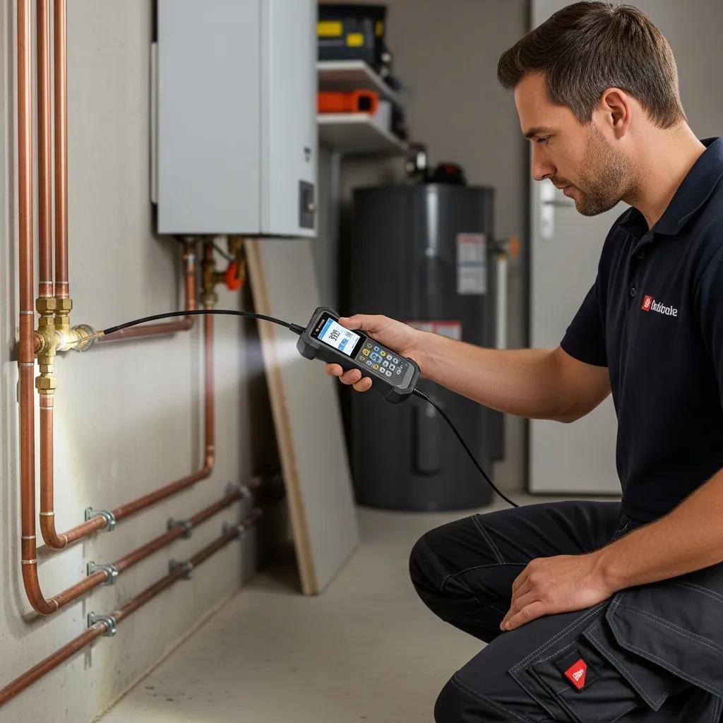 Technician using an electronic gas detector during a home inspection