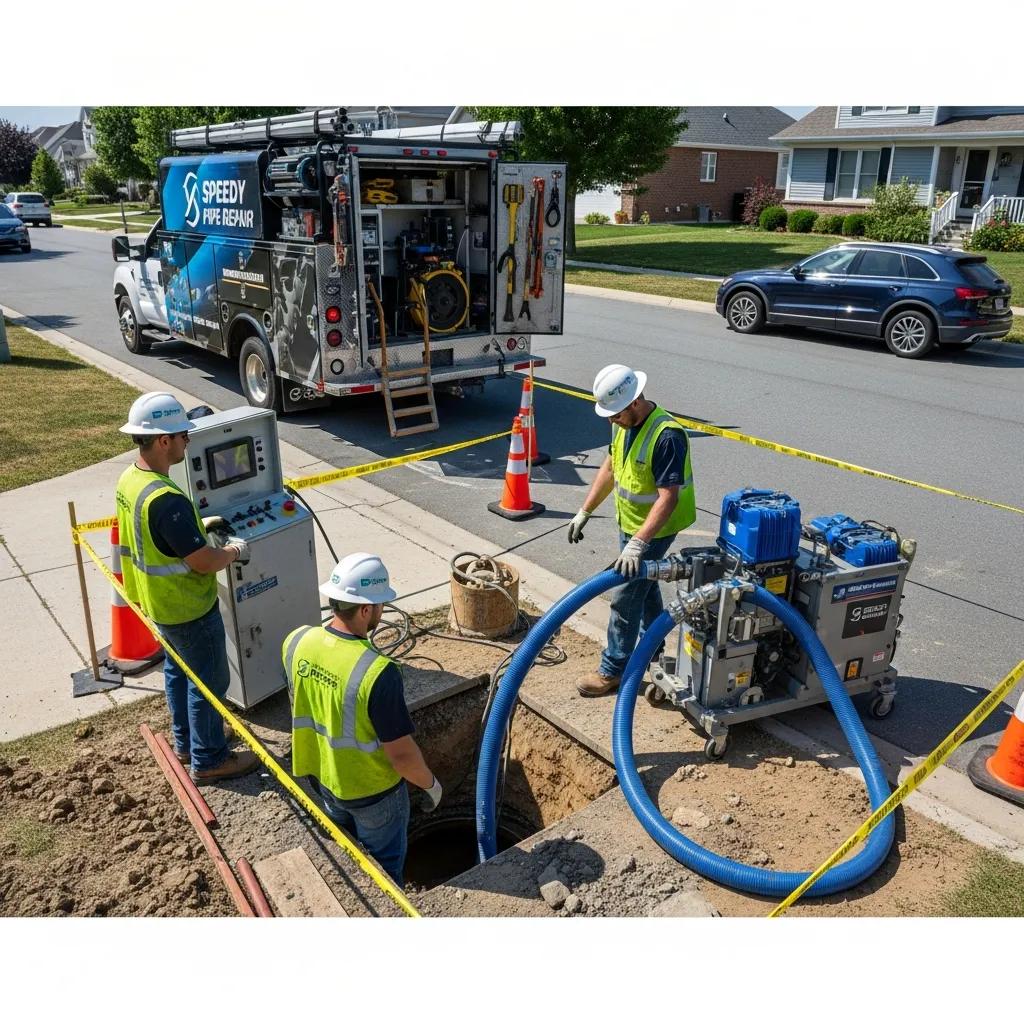 Technicians conducting trenchless pipe repair with specialized equipment in a residential setting