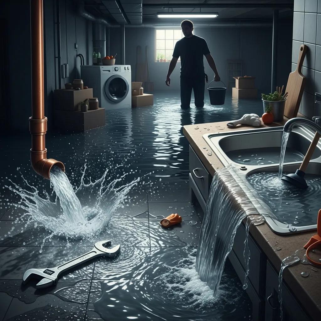 Illustration of common plumbing emergencies: burst pipes, clogged drains, and basement flooding