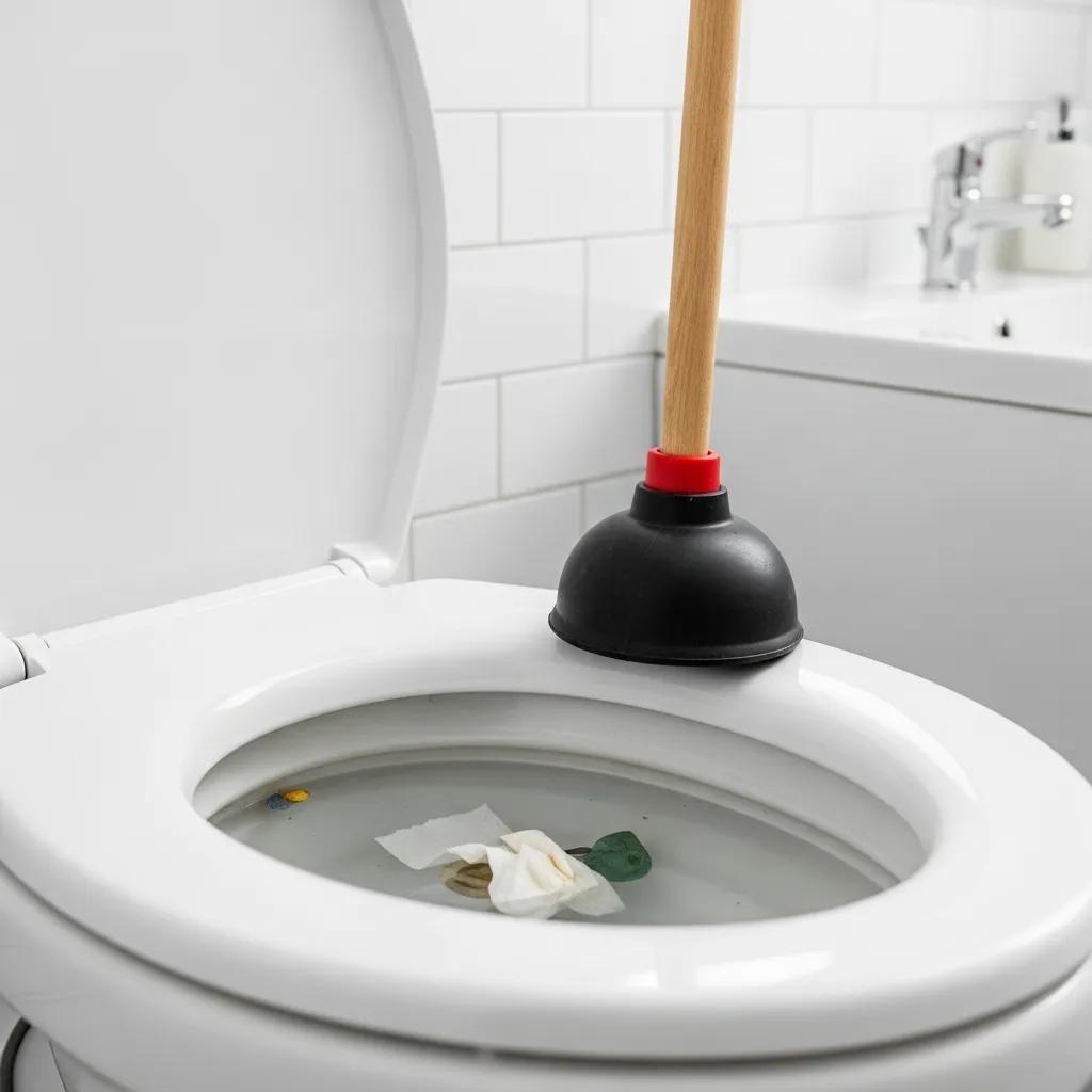 Close-up of a clogged toilet with a plunger ready for use