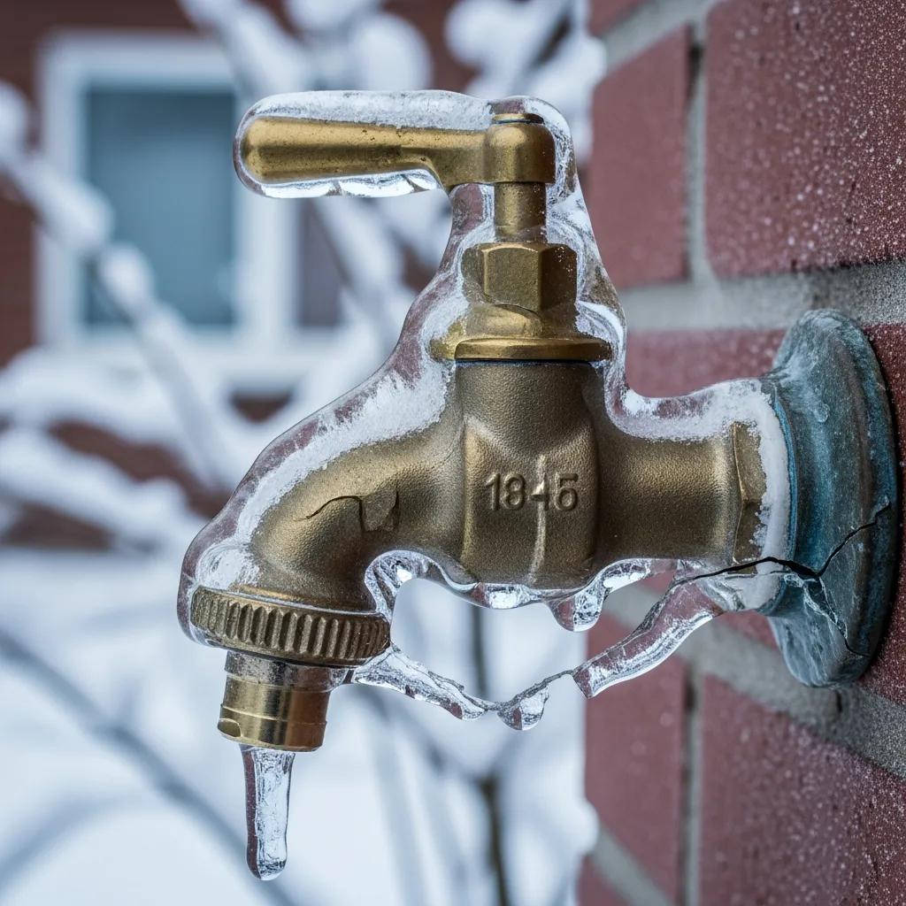 Frozen outdoor faucet with ice buildup illustrating risks of unprotected plumbing in winter, highlighting potential for hidden cracks and structural damage.