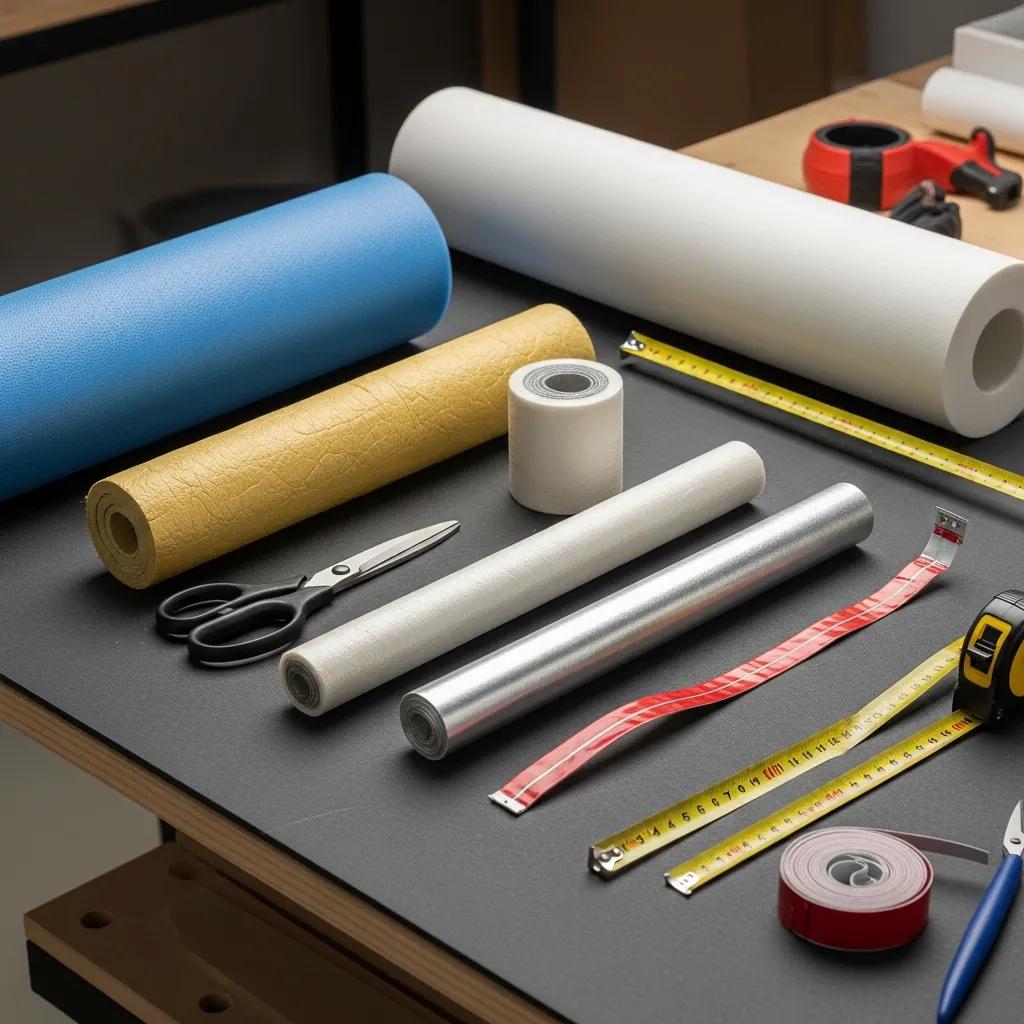 Different types of pipe insulation materials including foam sleeves, fiberglass, and heat tape on a work surface, surrounded by measuring tools, scissors, and tape, relevant for winterizing plumbing to prevent frozen pipes.
