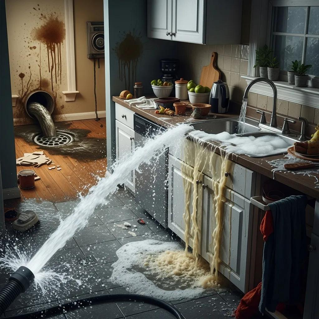 Dramatic depiction of common plumbing emergencies including burst pipes and clogged drains