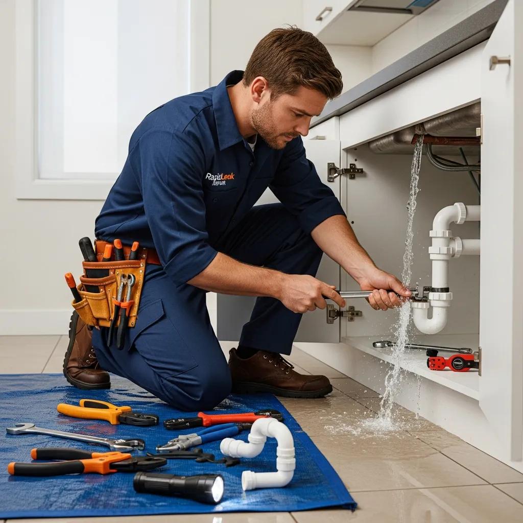 Emergency plumber fixing a leak in a home, showcasing urgency and professionalism