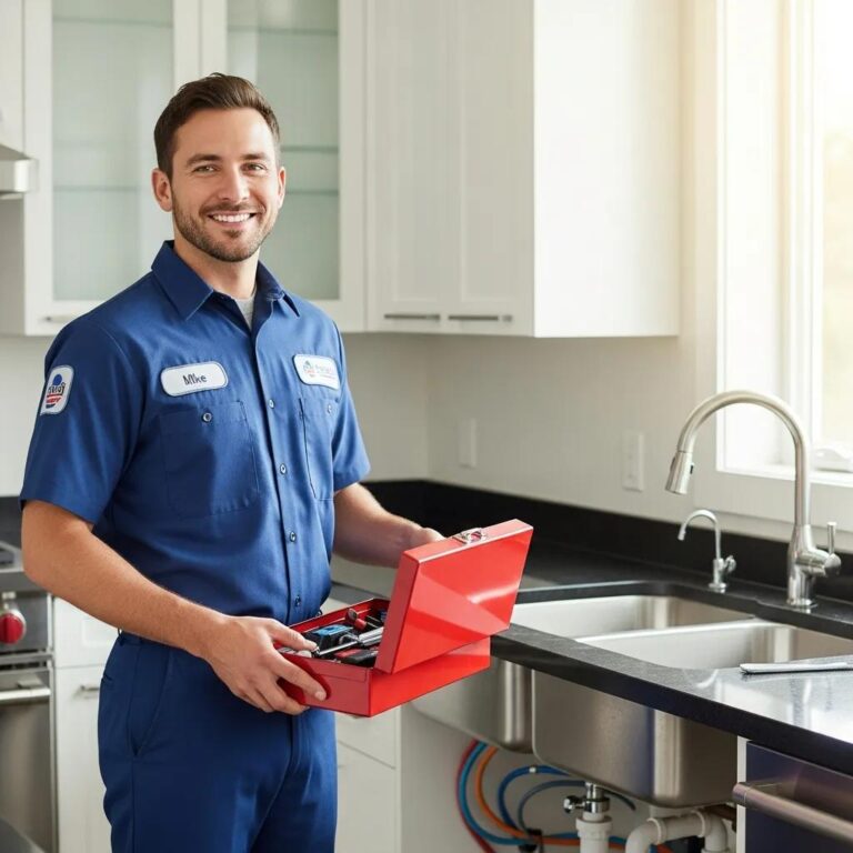 Friendly plumber with toolbox in a modern kitchen emphasizing affordable plumbing services
