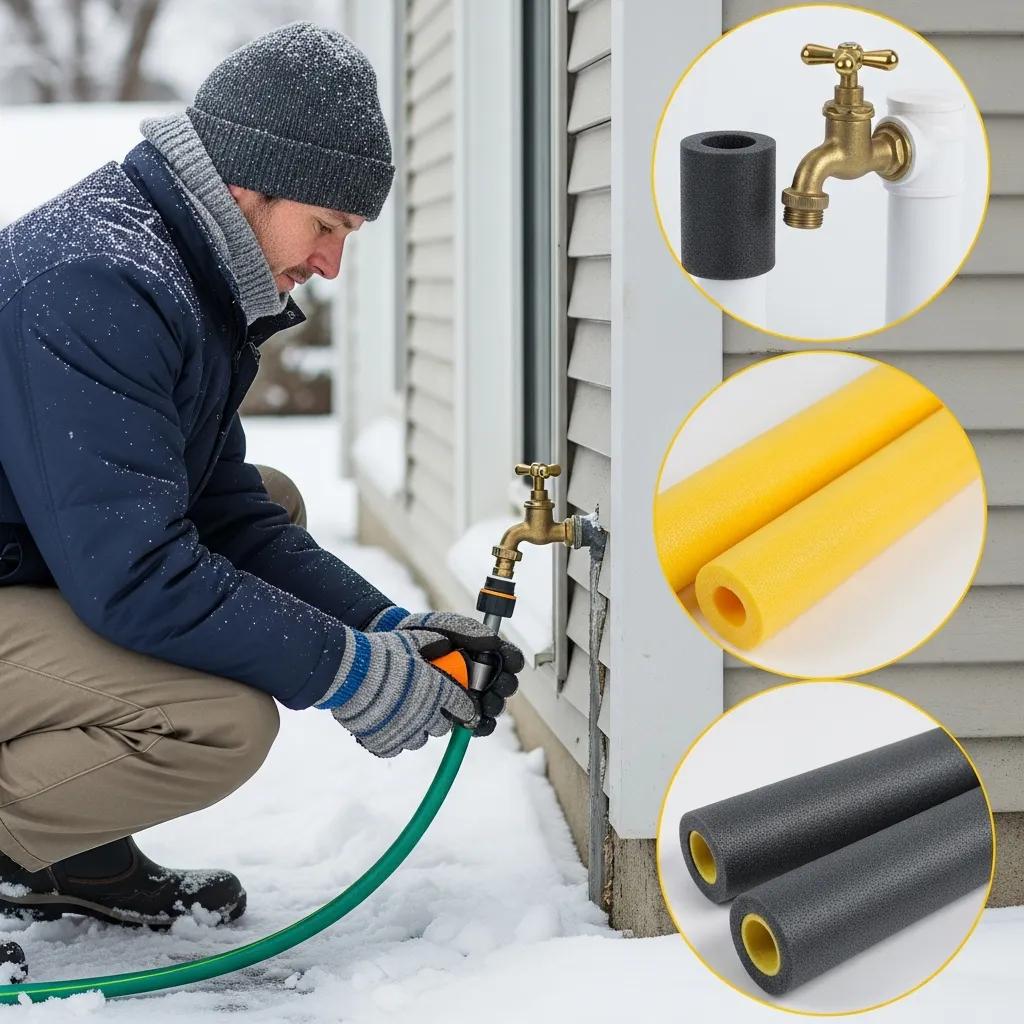 Man winterizing outdoor plumbing by disconnecting a hose from a brass spigot, surrounded by snow, with insulation materials displayed for protecting pipes against freezing.