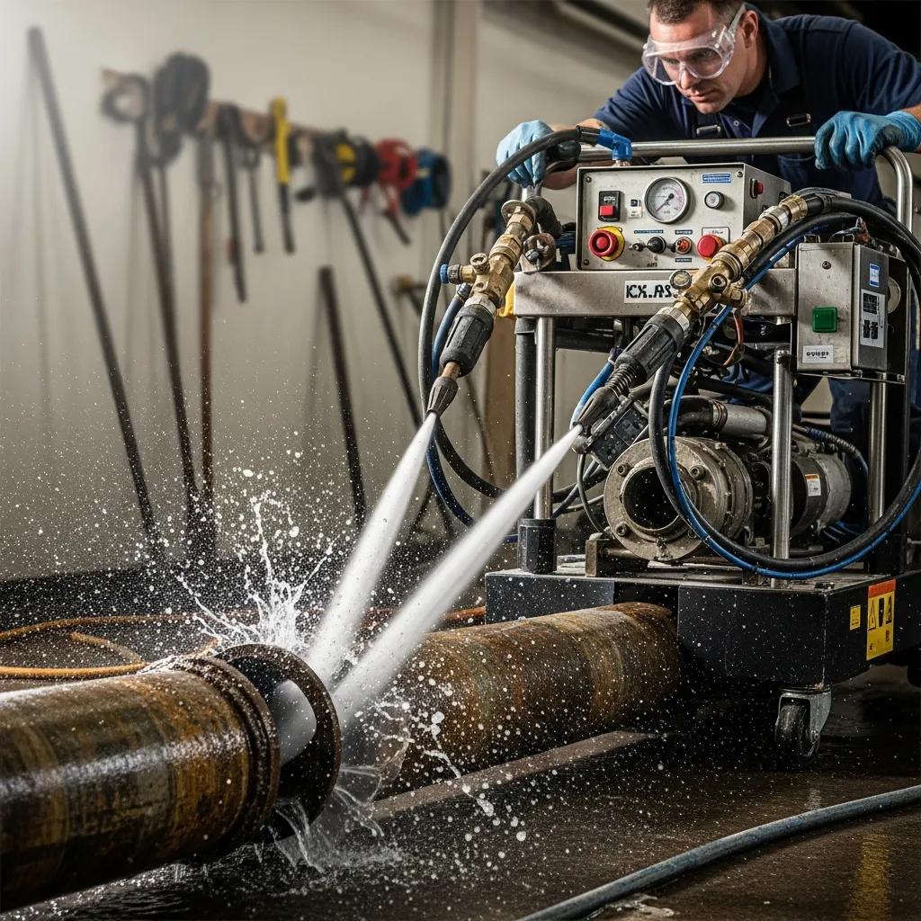 Hydro jetting machine in action, clearing a clogged pipe with high-pressure water
