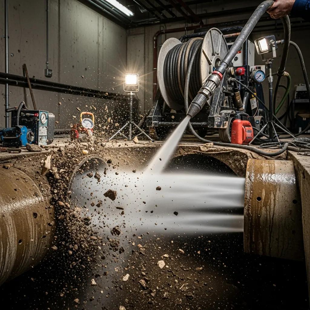 Hydro jetting process clearing stubborn clogs in plumbing pipes