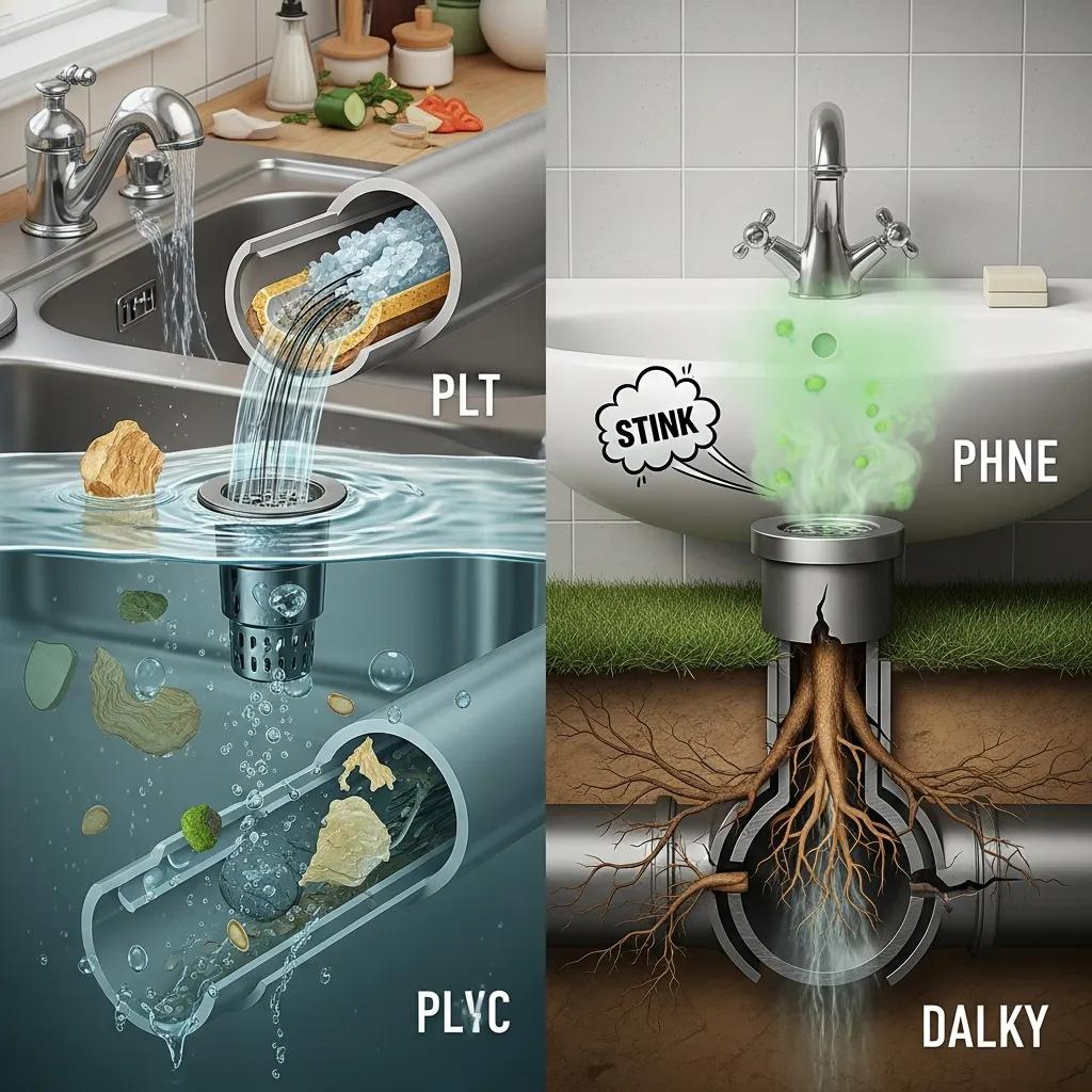 Illustration of common drain problems in Chesterfield homes, including clogged sinks and tree roots