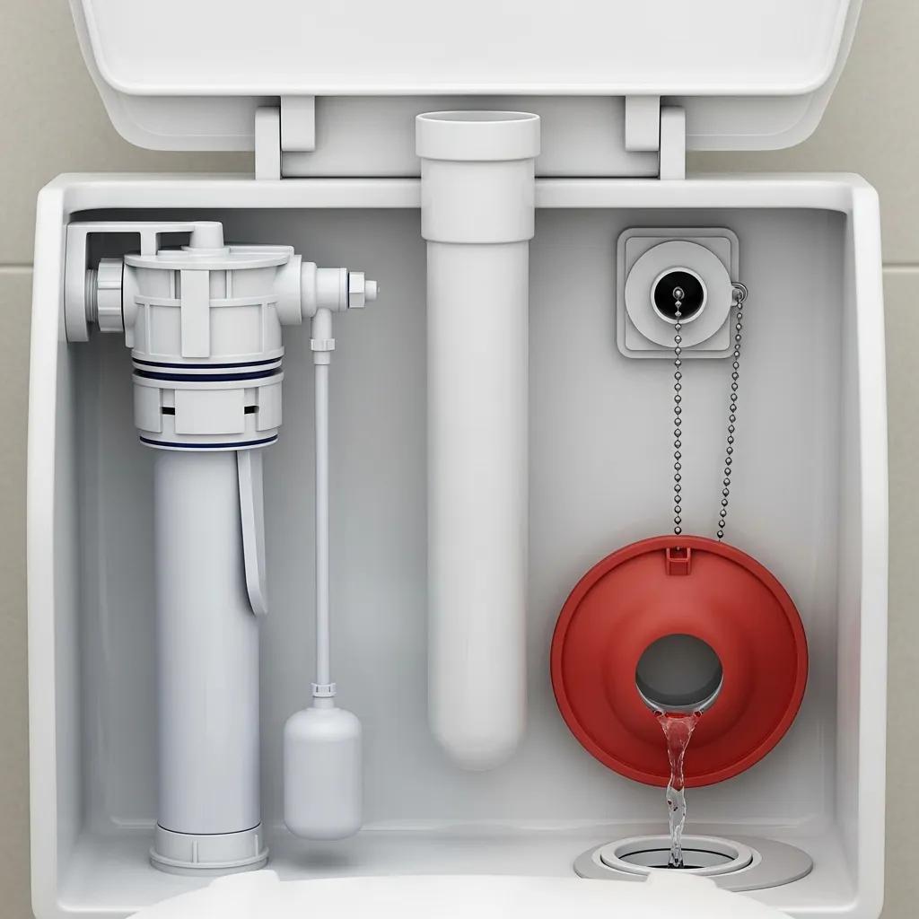 Inside view of a toilet tank showing flapper and fill valve components