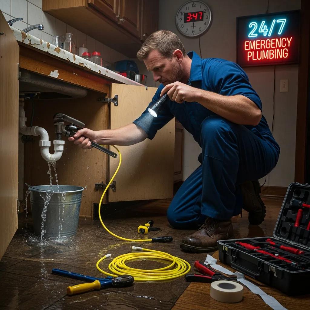 Plumber addressing an emergency drain issue with tools in a residential setting