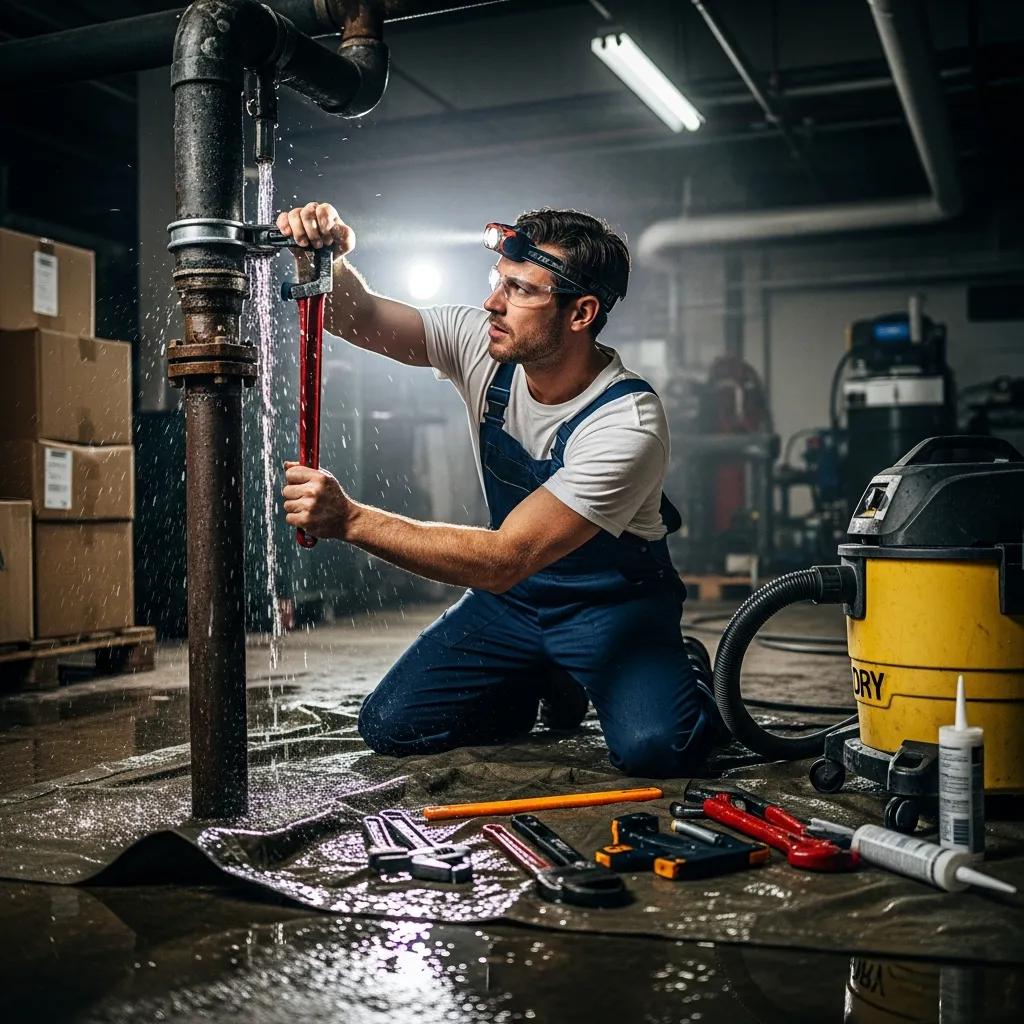 Plumber addressing an emergency plumbing situation with tools in a commercial setting, water leaking from a pipe, emphasizing urgent repair services for businesses in Chesterfield.