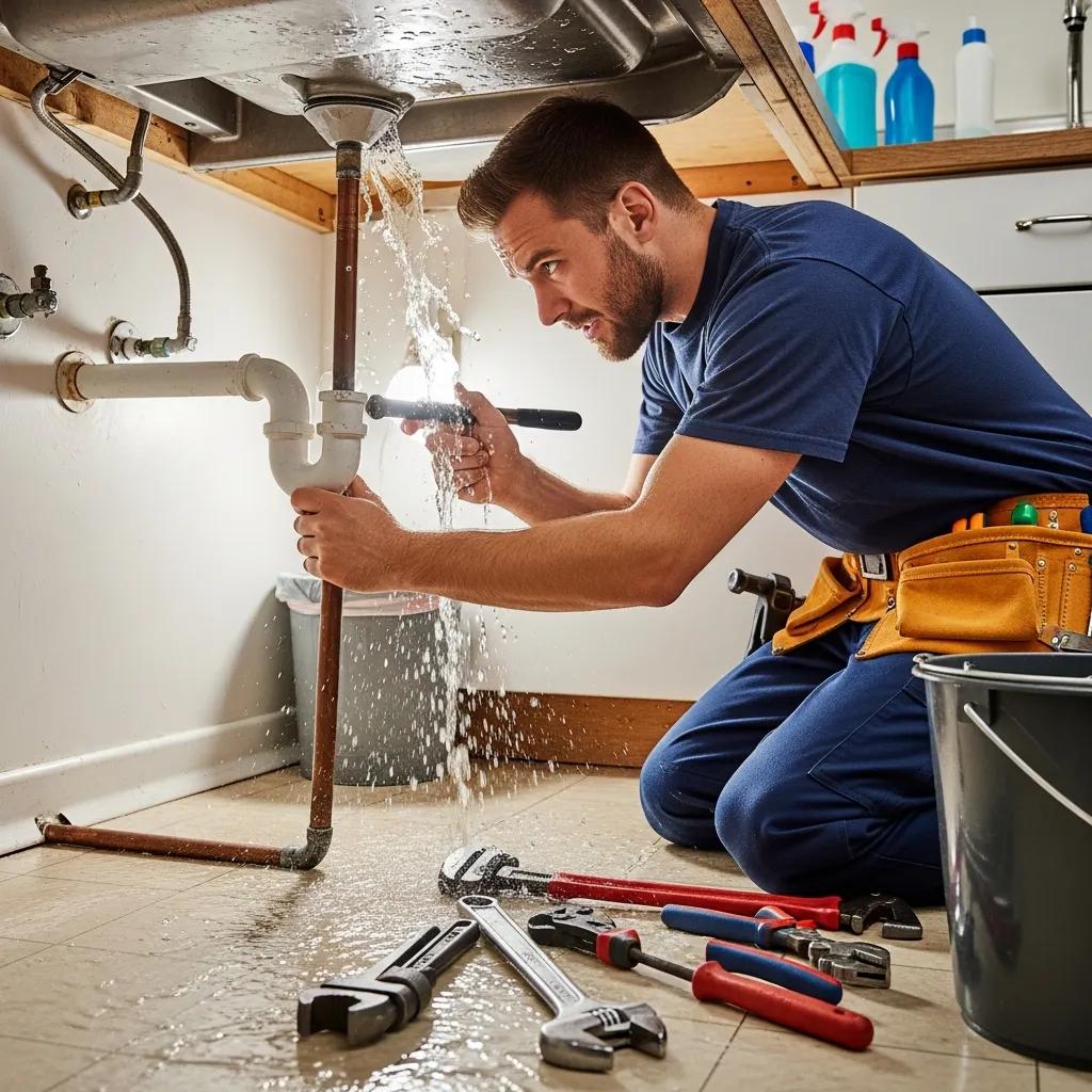 Plumber repairing a burst pipe in a home, highlighting emergency plumbing services