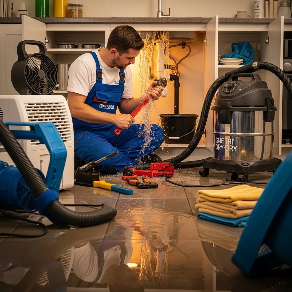 Plumber repairing a water leak with tools and restoration equipment in a home