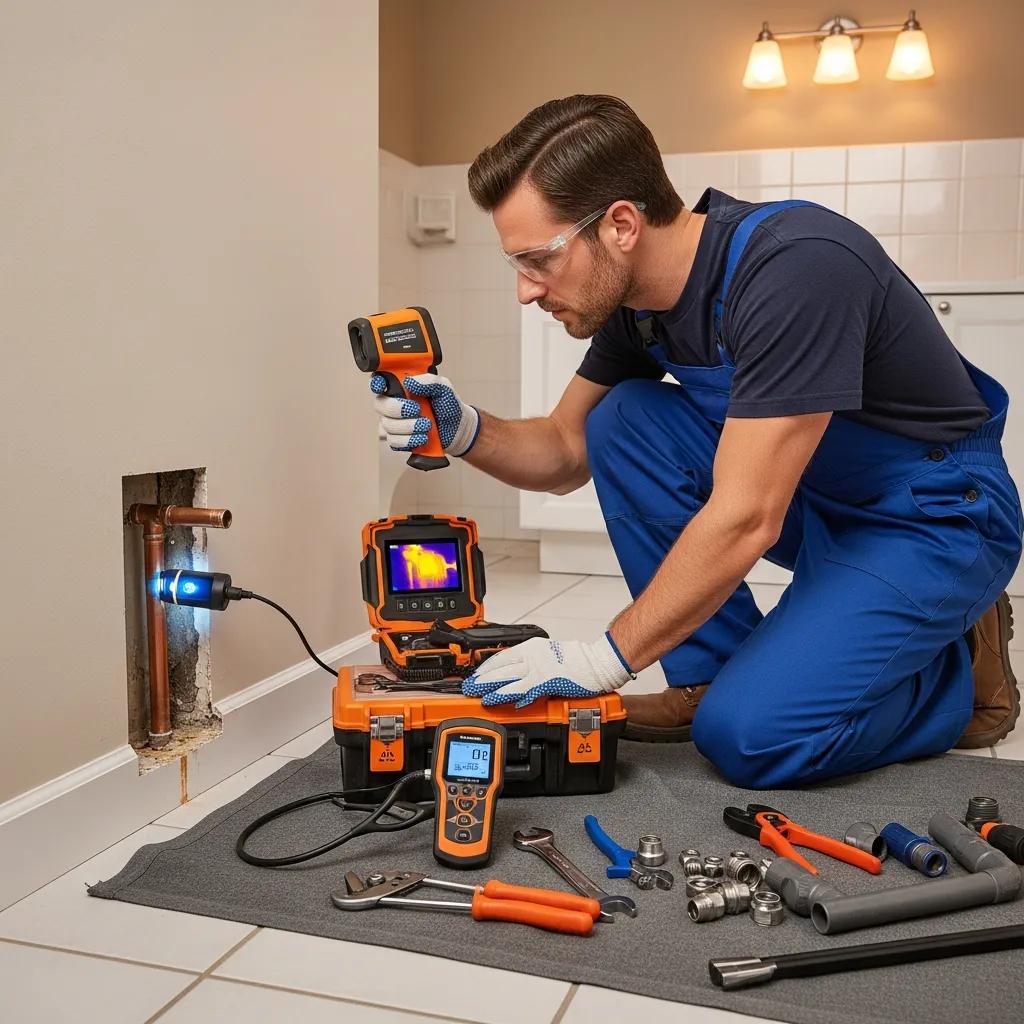 Plumber using advanced tools for leak detection during pipe repair